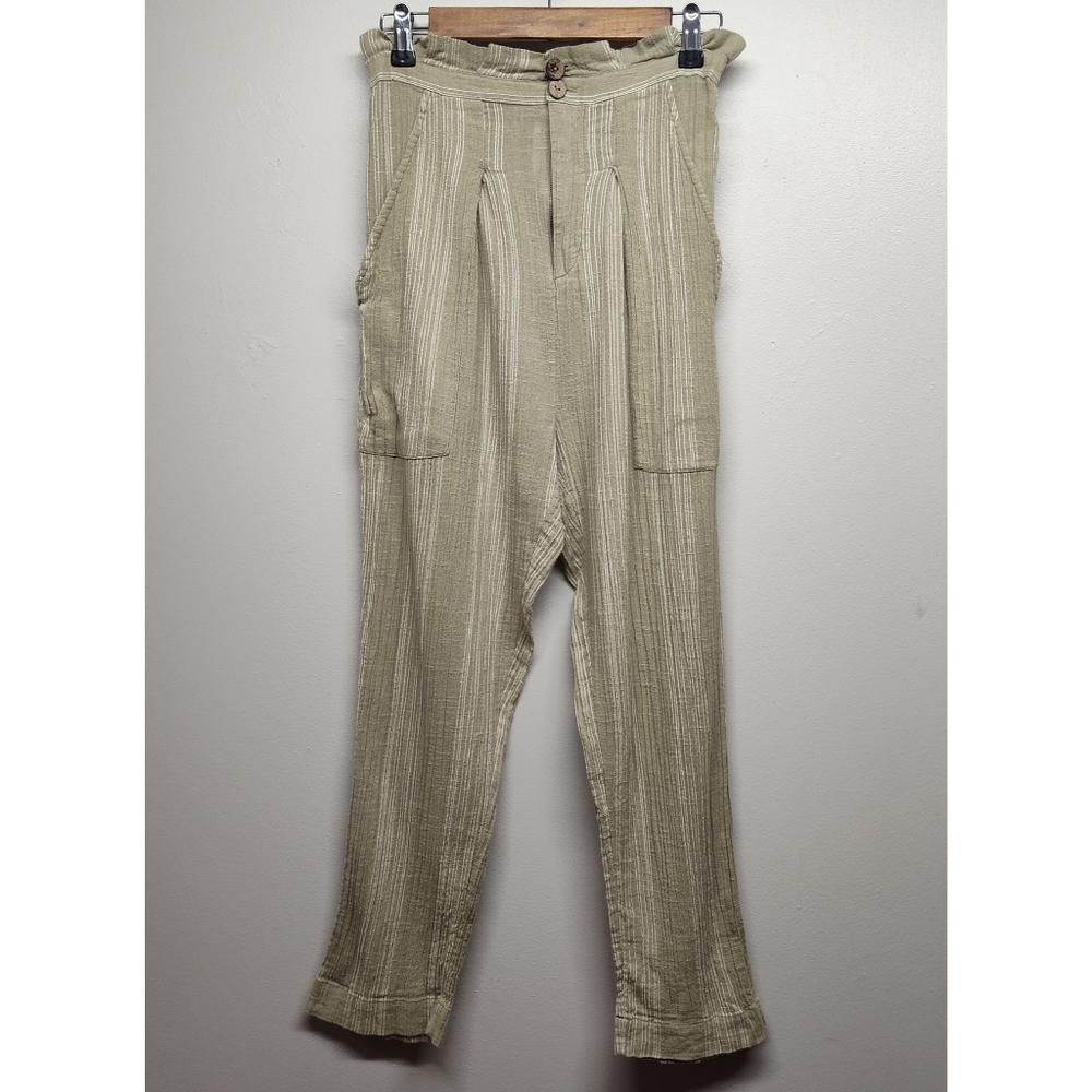 Free People Boho Pants Women XS Green White Stripes 100% Cotton Relaxed Casual